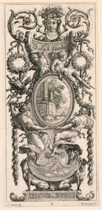 Ornamentpaneel bekroond met een hoofd geflankeerd door loofwerk, plaat 11 uit het Ornamentpaneel bekroond met een hoofd geflankeerd door loofwerk, uit het Livre de Diverses Grotesques peintes dans le Cabinet et Bains de la Reyne Regente, au Palais Royale