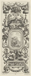 Sierpaneel bekroond door een mand met bloemen en een slinger door Michel Dorigny, after Simon Vouet