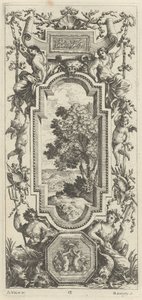 Ornamentpaneel bekroond door een maritiem tafereel en een schelp door Michel Dorigny, after Simon Vouet
