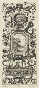 Sierpaneel bekroond door het gekroonde hoofd van een vrouw en twee pauwen door Michel Dorigny, after Simon Vouet