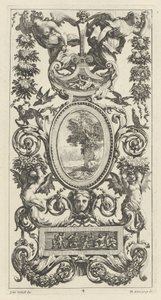 Ornamentpaneel met Pan en twee vrouwen met guirlandes door Michel Dorigny, after Simon Vouet