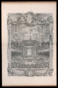Decoratie van de theaterzaal, gebouwd in de overdekte manege van de grote stal in Versailles, voor de voorstelling van de Prinses van Navarra Comédie Ballet, gegeven ter gelegenheid van het huwelijk van Louis Dauphin van Frankrijk met Marie Thérèse Infante