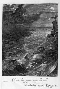 Leander zwemt over de Hellespont om zijn minnares Hero te ontmoeten, 1655 door Michel de Marolles