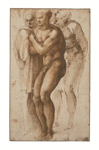 Een naakte man (naar Masaccio) en twee figuren achter hem (pen en twee tinten bruine inkt, bruin gewassen, watermerk)