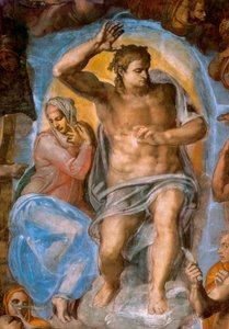 Detail van het Laatste Oordeel: Christus oordeelt. Fresco door Michelangelo Buonarroti, bekend als Michelangelo