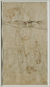 Diverse studies van figuren, inscriptie gebaseerd op een sonnet van Petrarca, circa 1506 ... door Michelangelo Buonarroti