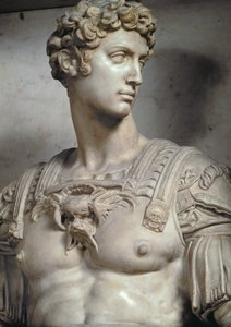 Giuliano de Medici, Hertog van Nemours, detail van figuur van zijn graf door Michelangelo Buonarroti (detail)
