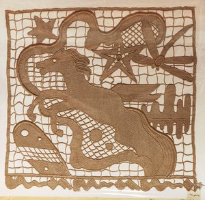 Monster van naaldkant en inzetstukken voor gordijnen, met patronen getekend door kunstenaar Giulio Rosso, Michelangelo Jesurum Manufacture