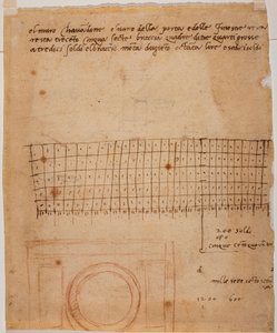 Schets voor een raam, handgeschreven aantekeningen en grafische berekening door Michelangelo Buonarroti