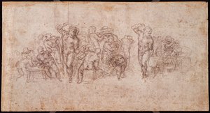 Studie van Figuren voor een Verhalende Scène (zwarte krijt op papier) (recto) door Michelangelo Buonarroti