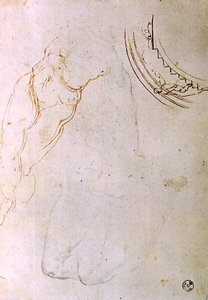 Studie van een liggende figuur met gekruiste benen en een ontwerp voor een lunet met een figuur die een trap opgaat door Michelangelo Buonarroti