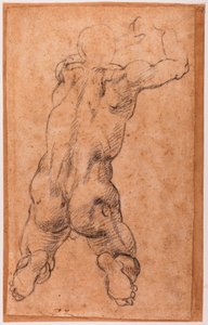 Studie van knielende mannelijke naakt door Michelangelo Buonarroti