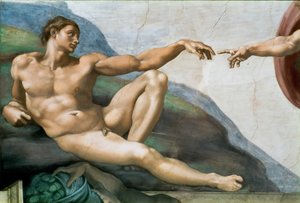De schepping van Adam. Detail Sixtijnse Kapel plafond in het Vaticaan, 1508-1512
