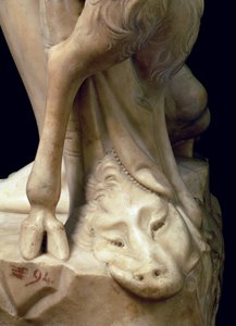 De dronkenschap van Bacchus, detail van het hoofd van een panter, beeldhouwwerk door Michelangelo Buonarroti (detail)