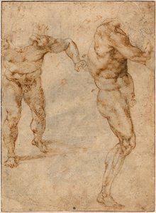Twee naaktstudies van een man die naar voren stormt en een ander die naar rechts draait door Michelangelo Buonarroti