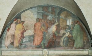 St. Antoninus sticht de Compagnie van Goede Mannen in San Martino, lunet door Michelangelo Cinganelli