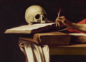 Sint Hiëronymus, schrijvend (detail) door Michelangelo Merisi Caravaggio