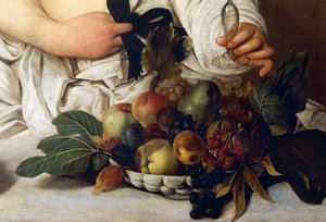 Bacchus (detail met fruitschaal) door Michelangelo Merisi da Caravaggio