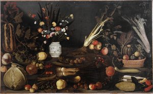 Stilleven met bloemen en fruit