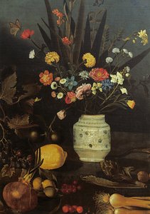 Stilleven met bloemen en planten (detail) door Michelangelo Merisi da Caravaggio