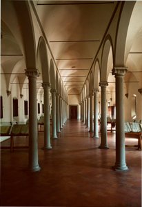 Bibliotheek van het klooster van San Marco (Sint Marcus) in Florence, Italië. Architectuur van Michelozzo di Bartolommeo Michelozzi, bekend als Michelozzo Michelozzi (Florence 1396 - 1472) door Michelozzo di Bartolommeo