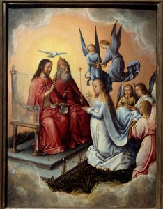De kroning van de Maagd. De maagd gezegend door de drie-eenheid (God, Christus en de Heilige Geest) boven haar, engelen leggen de kroon op haar hoofd. Schilderij door Michel Sittow (1468-1525)