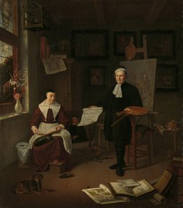 Portret van Michiel Comans (1614-1687), kalligraaf, etser, schilder en schoolmeester, met zijn derde vrouw Elisabeth van der Mersche