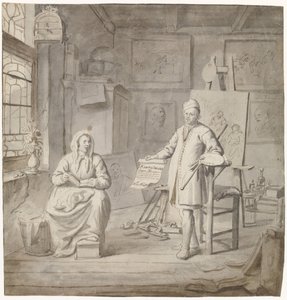 Schilder Michiel Comans en zijn derde vrouw Elisabeth van der Mersche in het atelier door Michiel van Musscher
