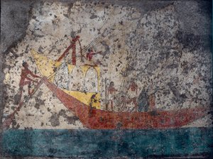 Egyptische oudheid: "Egyptisch militair schip". Fresco uit een graf. 2000 v.Chr. Turijn, Museo Egizio