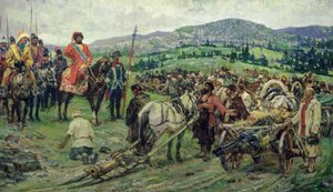 Assisteren van de leider van de boerenopstand, Emelyan Pugachev, in de Oeral (olieverf op doek)