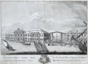 Uitzicht op het tweede Winterpaleis met het kanaal dat de Moika met de Neva verbindt, 1753 door Mikhail Ivanovich Makhaev
