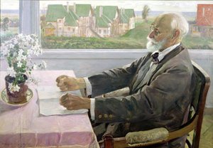 Ivan Petrovich Pavlov (1849-1936) in zijn Huis in Koltushy, nabij St. Petersburg, 1935
