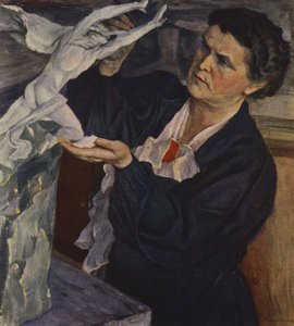 Portret van Sovjetbeeldhouwer Vera Mukhina (kleur litho)