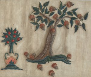 Geborduurde Bedgordijn door Mildred E. Bent