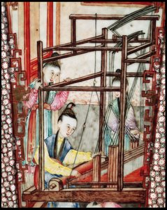 Detail van een vaas die zijdeweven afbeeldt door Ming Dynasty Chinese School