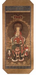 De Bodhisattva Mañjusrî op een leeuw, eind 14e eeuw (inkt, kleur  goudpigment op zijde) door Ming Dynasty Chinese School