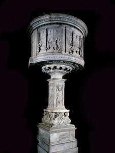 Renaissancekunst: Stoel van Pasquino di Matteo (1425-1485), gebeeldhouwd door Mino da Fiesole (1429-1484) en Antonio Rossellino (1427-1479) (preekstoel in wit marmer (1469-1473) met reliëfs door Antonio Rossellino en Mino da Fiesole) door Mino da Fiesole