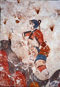 Minoïsche beschaving: vrouwen die saffraan plukken. Detail van een fresco uit het lustrale bassin van Xeste 3 in Akrotiri (Thera), Santorini. 16e eeuw v.Chr. Santorini, Collectie fresco