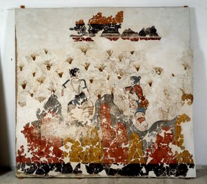 Minoïsche beschaving: vrouwen die saffraan plukken. Fresco uit het lustrale bassin van Xeste 3 in Akrotiri (Thera), Santorini. 16e eeuw v.Chr. Santorini, Collectie fresco