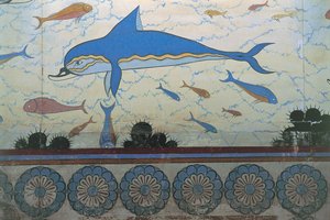 Close-up van een muurschildering in een paleis, Paleis van Minos, Knossos, Kreta door Minoan