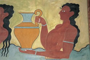 Close-up van een muurschildering op de muur van een paleis, Paleis van Minos, Knossos, Kreta, Griekenland door Minoan