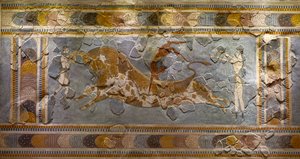 (detail) van de Stierspringen Fresco. Gevonden in Knossos door Minoan