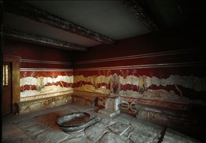 Minoïsche beschaving: uitzicht op de troonzaal van het paleis van koning Minos in Knossos. door Minoan
