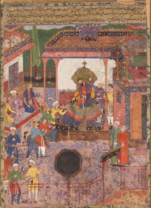Afgezanten brengen nieuws uit de provincies Khaybar en Chin naar Anoshirvan. Van de Hamzanama door Mir Sayyid Ali