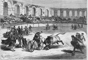 Stierenrace in de Arena van Nîmes in 1869. De toreadors gemonteerd op velocipedes. Tekening door Mr. Miranda.