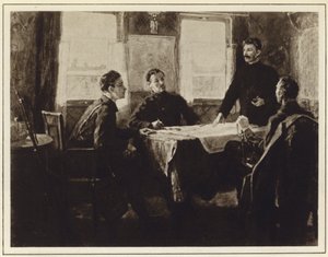 Joseph Stalin in de hoofdkwartierwagen in Tsaritsyn, Russische Burgeroorlog door Mitrofan Borisovic Grekov