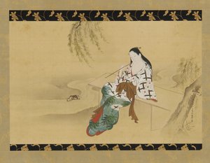 Landschap: een yujo zittend op een bank, 18e eeuw door Miyagawa Chōshun