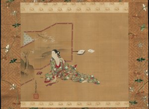 Een schoonheid achter een scherm door Miyagawa Chōshun