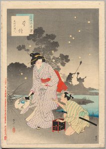 Vuurvliegjes vangen, een dame uit het Tenmei-tijdperk 1781-1789..., 1894 door Mizuno Toshikata