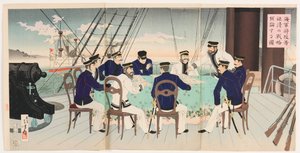 Marineofficieren bespreken strijdstrategieën voor de onderwerping van China door Mizuno Toshikata
